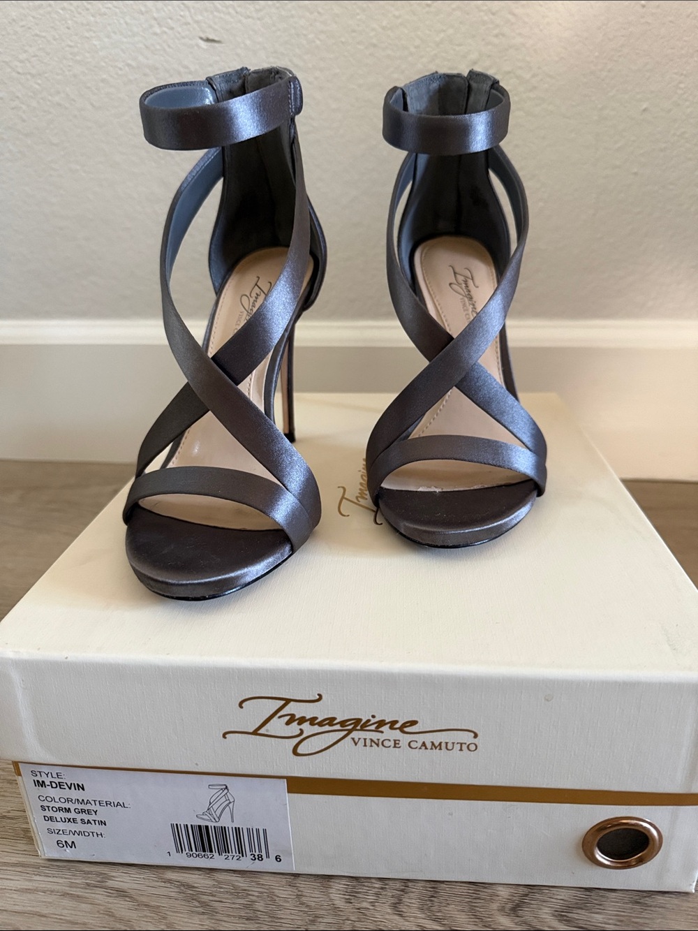 Vince Camuto Storm Grey Satin Crisscross Ankle Strap Heels